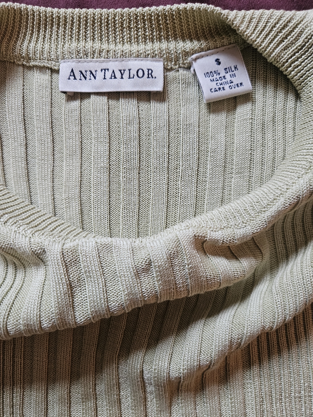 Ann Taylor Ribbed Silk Top in Light Sage